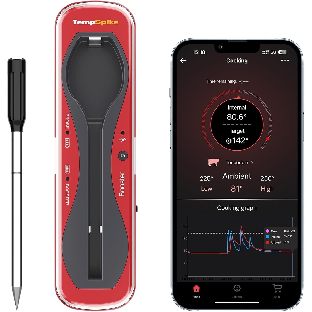 image:imageThermoPro TempSpike 500 ft Wireless Meat Thermometer Digital Bluetooth Meat Thermometer Wrieless for Beef Lamb Chicken Turkey Smoker Acccessories for Rotisserie Sous Vide BBQ Oven Air FryerRed