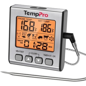TempPro Digital Meat Thermometer for Cooking and Grilling, BBQ Food Thermometer with Backlight and Kitchen Timer, Grill Temperature Probe Thermometer for Smoker, Oven, Baking,Oil(Previously ThermoPro)(Light Silver)
